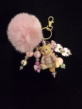 Pink Teddy Bear Pom-Pom Bag Charm Keyring